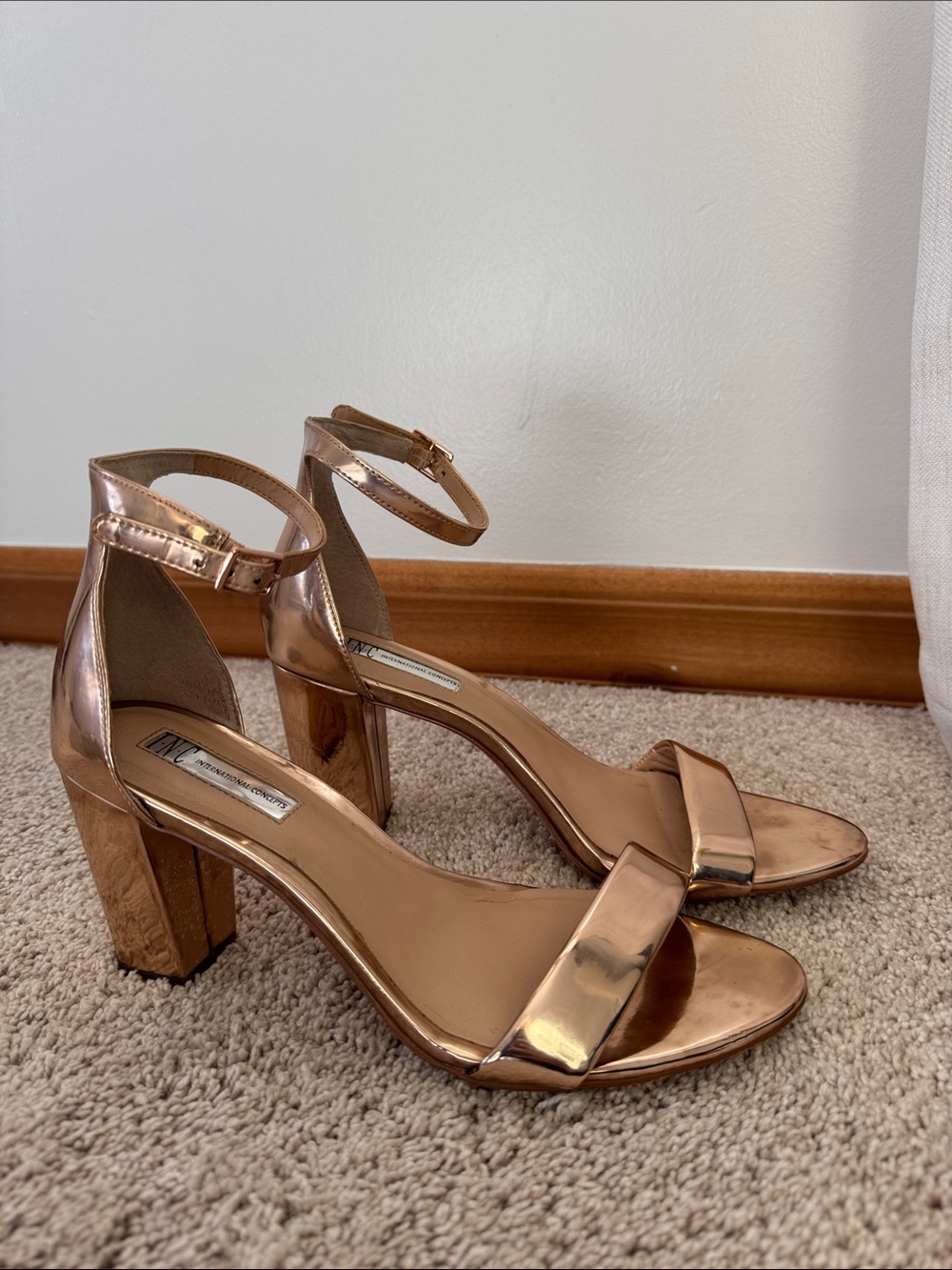 INC International Concepts Metallic Rose Gold Block Heel Sandals